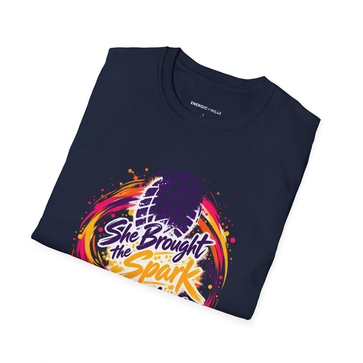 Graphic fitness T-shirt featuring the "She Brought the Spark to Class" design.