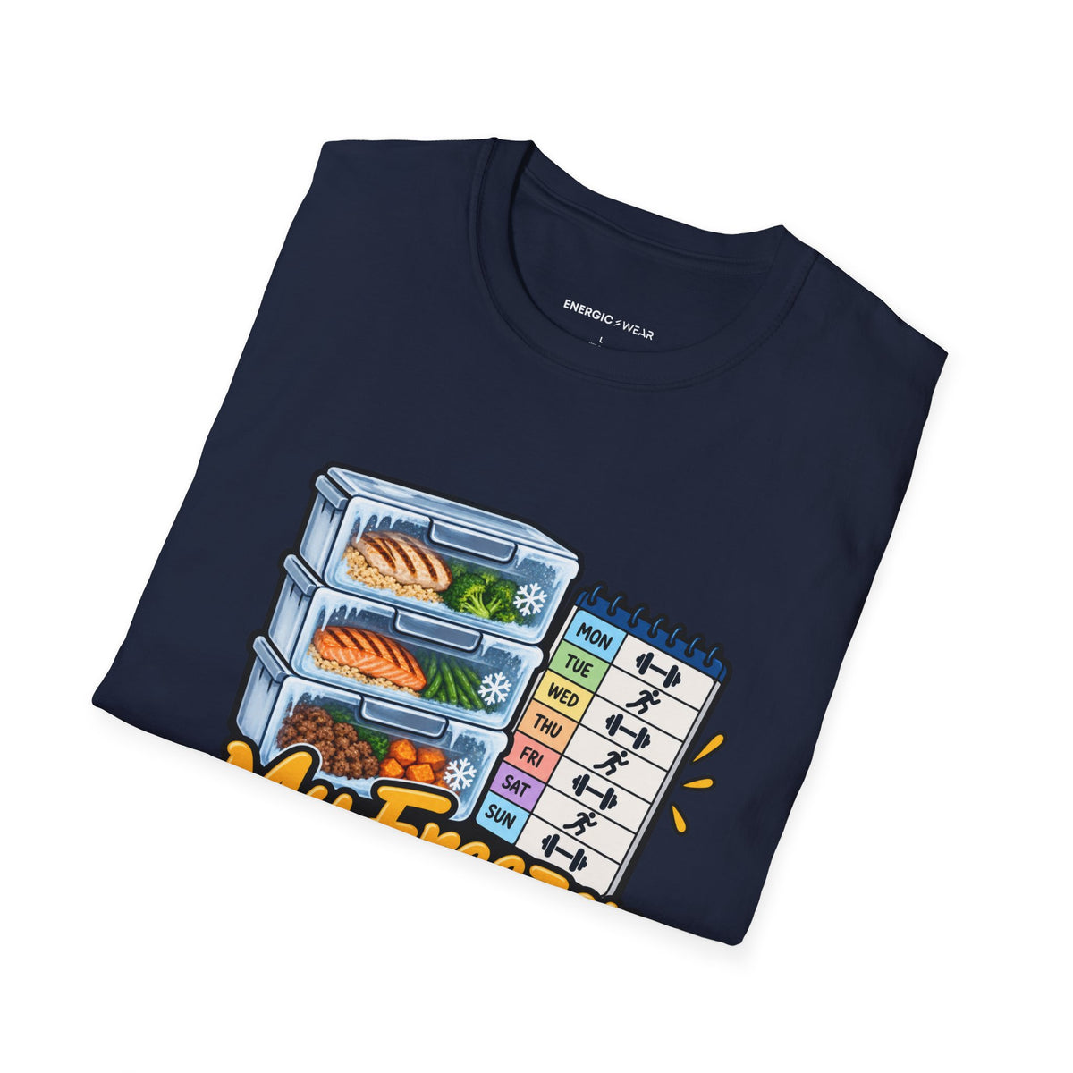 Graphic fitness T-shirt featuring the "My Freezer Is Part of the Training Plan" design.