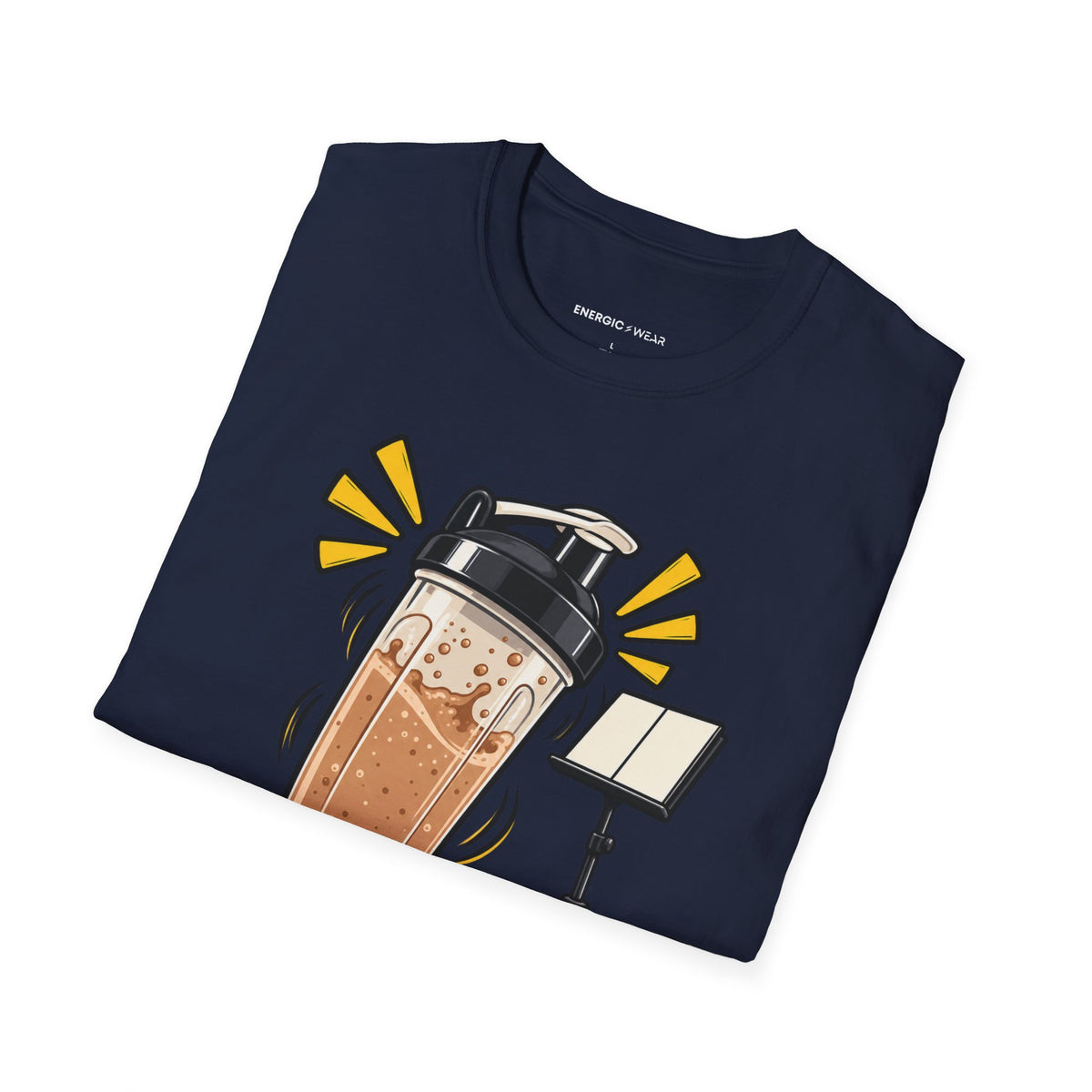 Graphic fitness T-shirt featuring the "My Protein Shaker Is a Percussion Instrument" design.