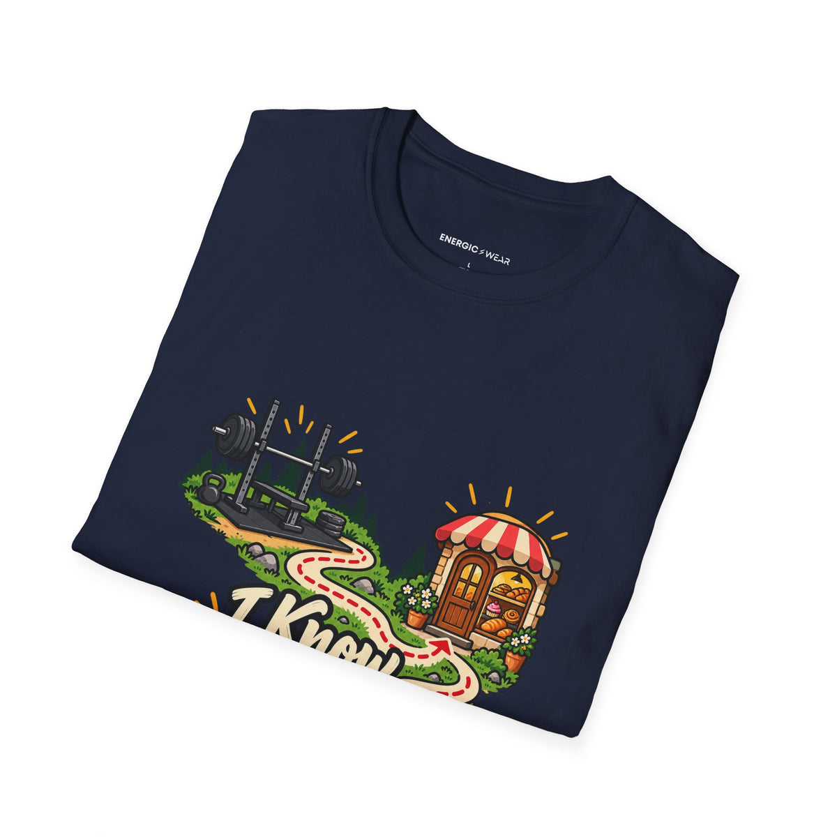 Graphic fitness T-shirt featuring the "I Know My Way Around a Bar and a Bakery" design.