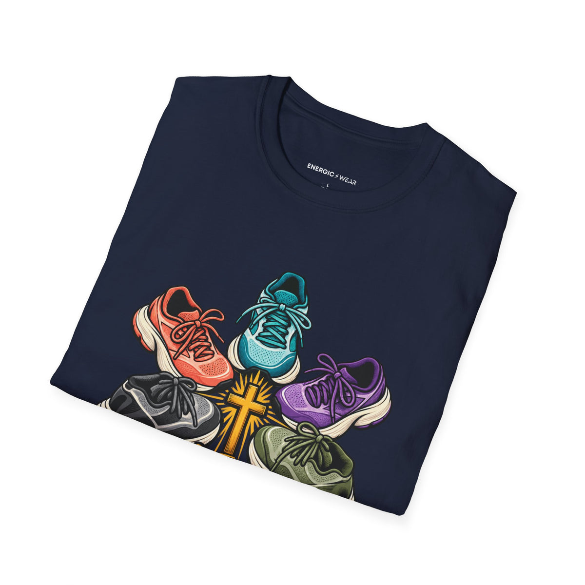 Graphic fitness T-shirt featuring the "Faith Is in My Team Huddle" design.