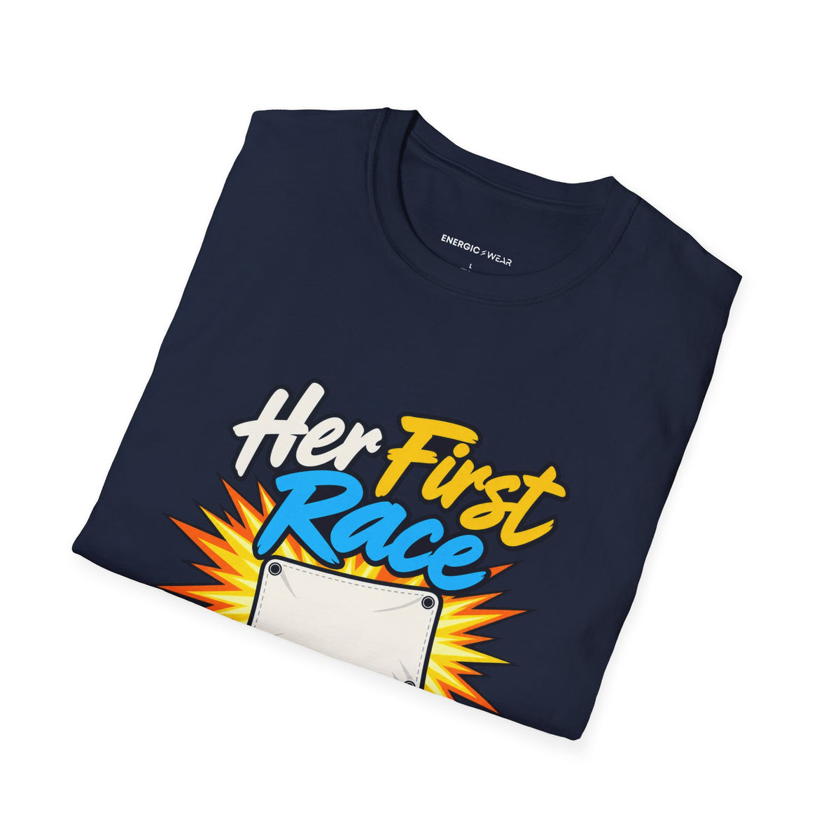 Graphic fitness T-shirt featuring the "Her First Race Deserves Full Volume" design.