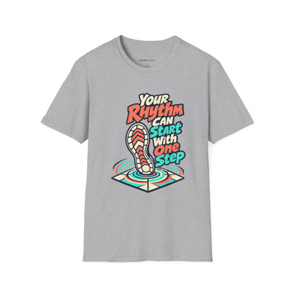 Graphic fitness T-shirt featuring the "Your Rhythm Can Start With One Step" design.
