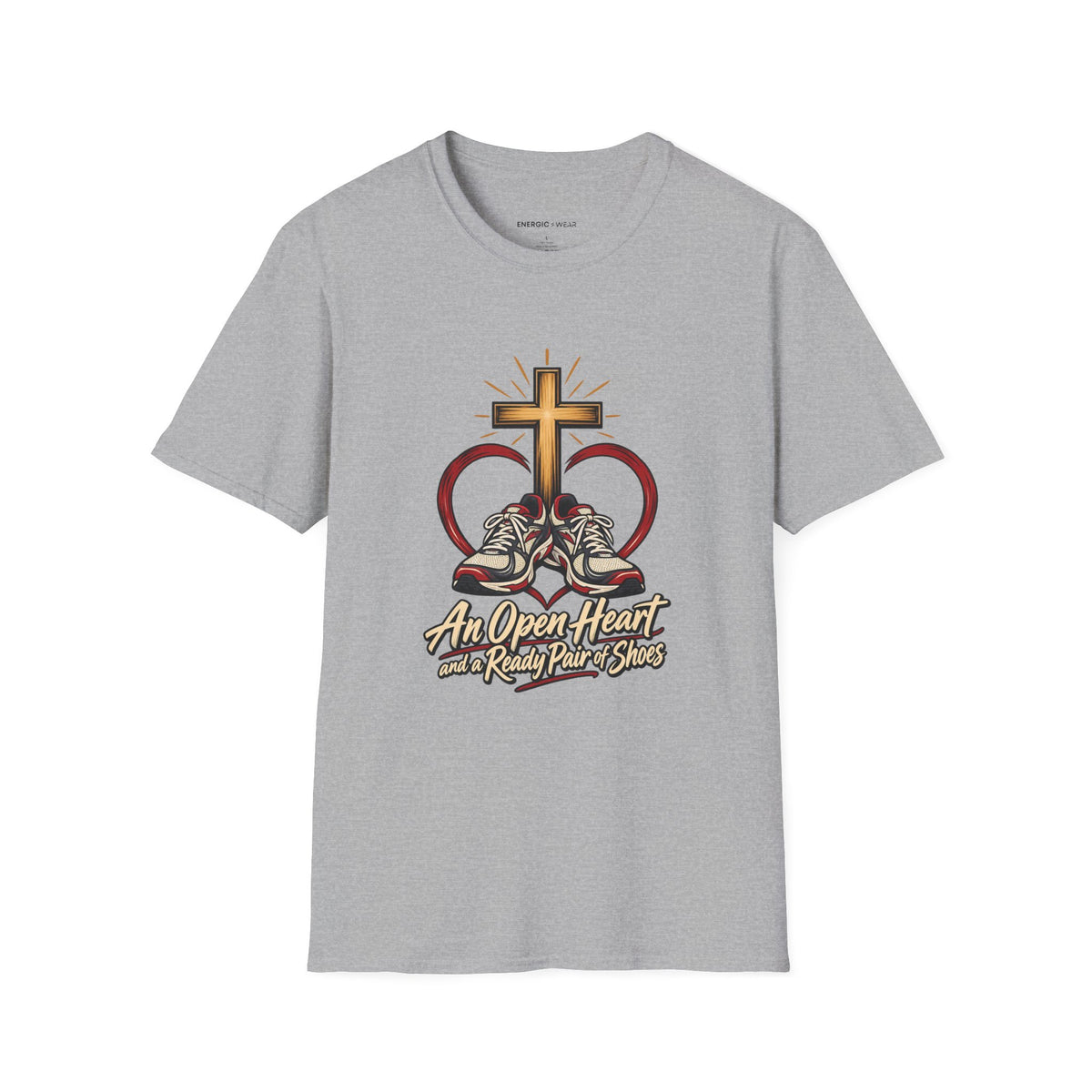 Graphic fitness T-shirt featuring the "An Open Heart and a Ready Pair of Shoes" design.