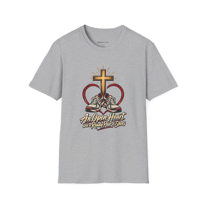 Graphic fitness T-shirt featuring the "An Open Heart and a Ready Pair of Shoes" design.
