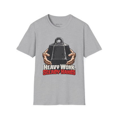 Graphic fitness T-shirt featuring the "Heavy Work, Steady Hands" design.