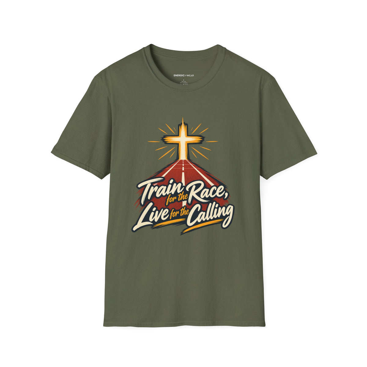 Graphic fitness T-shirt featuring the "Train for the Race Live for the Calling" design.