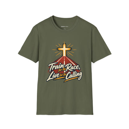 Graphic fitness T-shirt featuring the "Train for the Race Live for the Calling" design.
