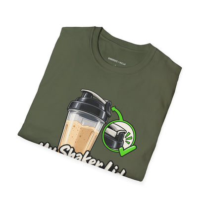 Graphic fitness T-shirt featuring the "My Shaker Lid Demands a Pre-Flight Check" design.