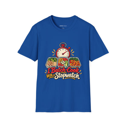 Graphic fitness T-shirt featuring the "I Batch-Cook with a Stopwatch" design.