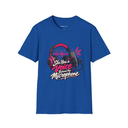 Graphic fitness T-shirt featuring the "She Has a Voice Behind the Microphone" design.