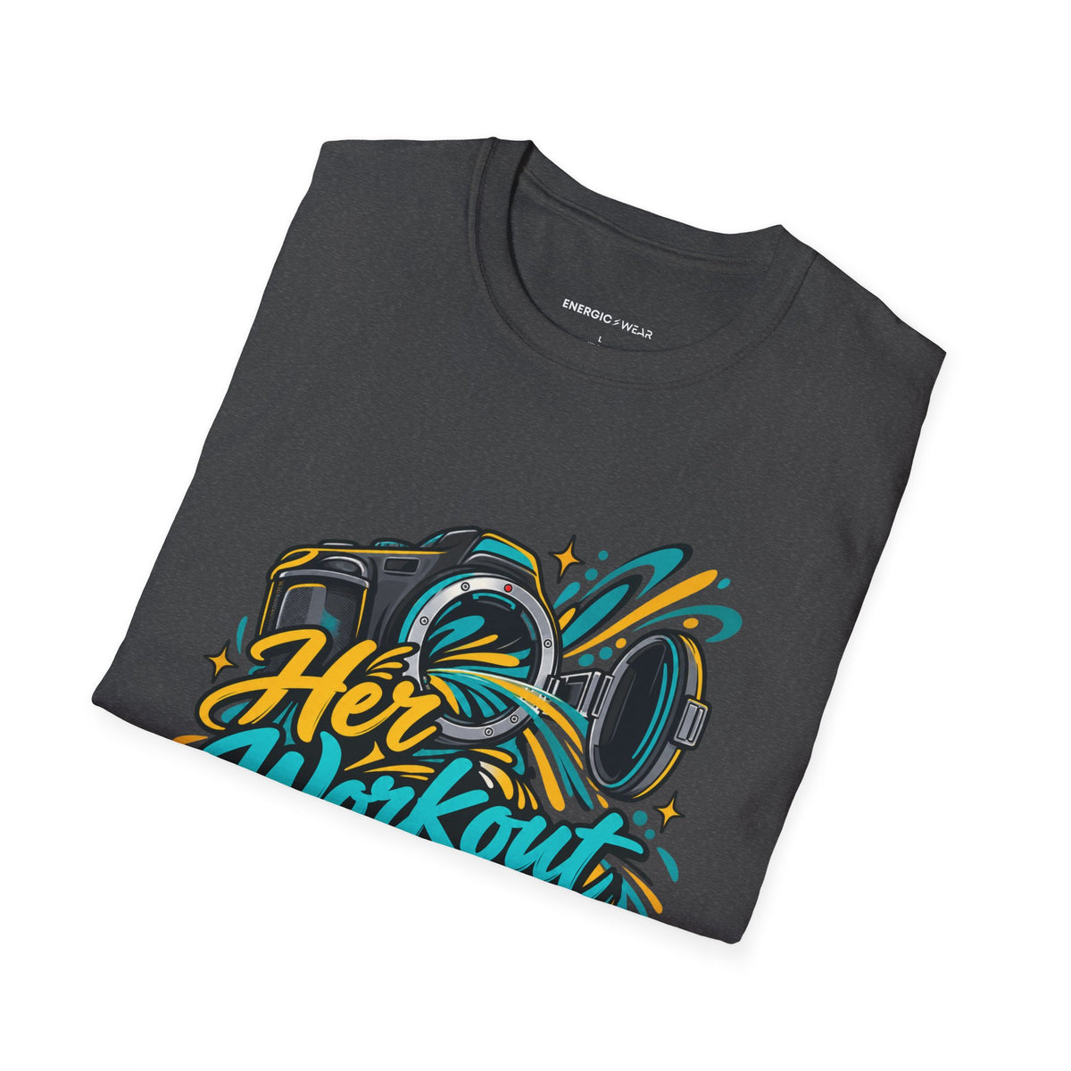 Graphic fitness T-shirt featuring the "Her Workout Doesn't Need a Before Photo" design.