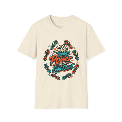 Graphic fitness T-shirt featuring the "She Brings Power to the Eight Count" design.