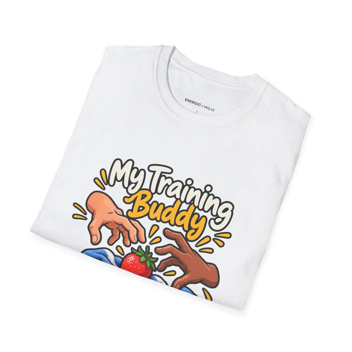 Graphic fitness T-shirt featuring the "My Training Buddy Stole the Last Strawberry" design.