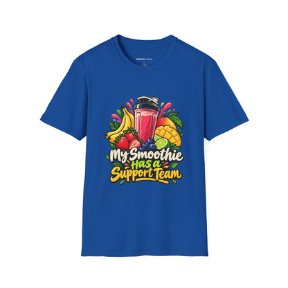 Graphic fitness T-shirt featuring the "My Smoothie Has a Support Team" design.