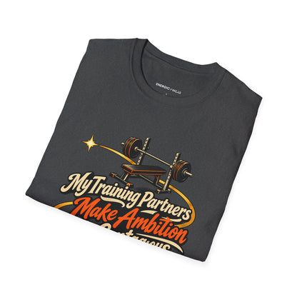 Graphic fitness T-shirt featuring the "My Training Partners Make Ambition Contagious" design.