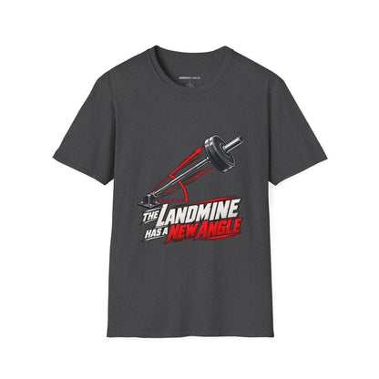 Graphic fitness T-shirt featuring the "The Landmine Has a New Angle" design.