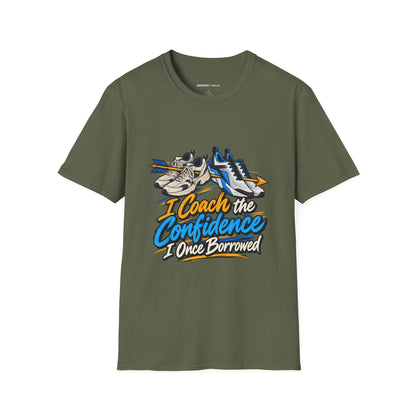 Graphic fitness T-shirt featuring the "I Coach the Confidence I Once Borrowed" design.