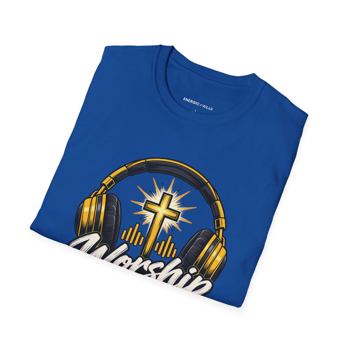 Graphic fitness T-shirt featuring the "Worship Has a Place on My Playlist" design.