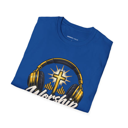 Graphic fitness T-shirt featuring the "Worship Has a Place on My Playlist" design.