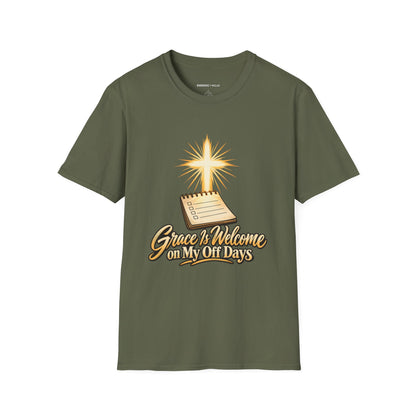 Graphic fitness T-shirt featuring the "Grace Is Welcome on My Off Days" design.
