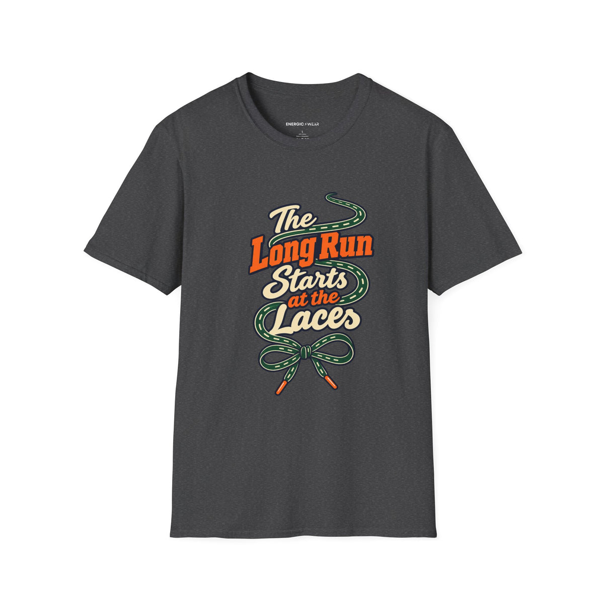 Graphic fitness T-shirt featuring the "The Long Run Starts at the Laces" design.