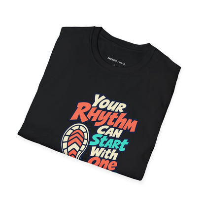 Graphic fitness T-shirt featuring the "Your Rhythm Can Start With One Step" design.