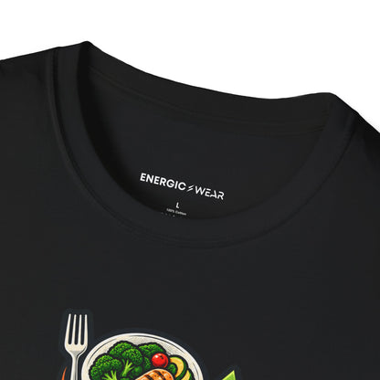 Graphic fitness T-shirt featuring the "Built Between Meals" design.