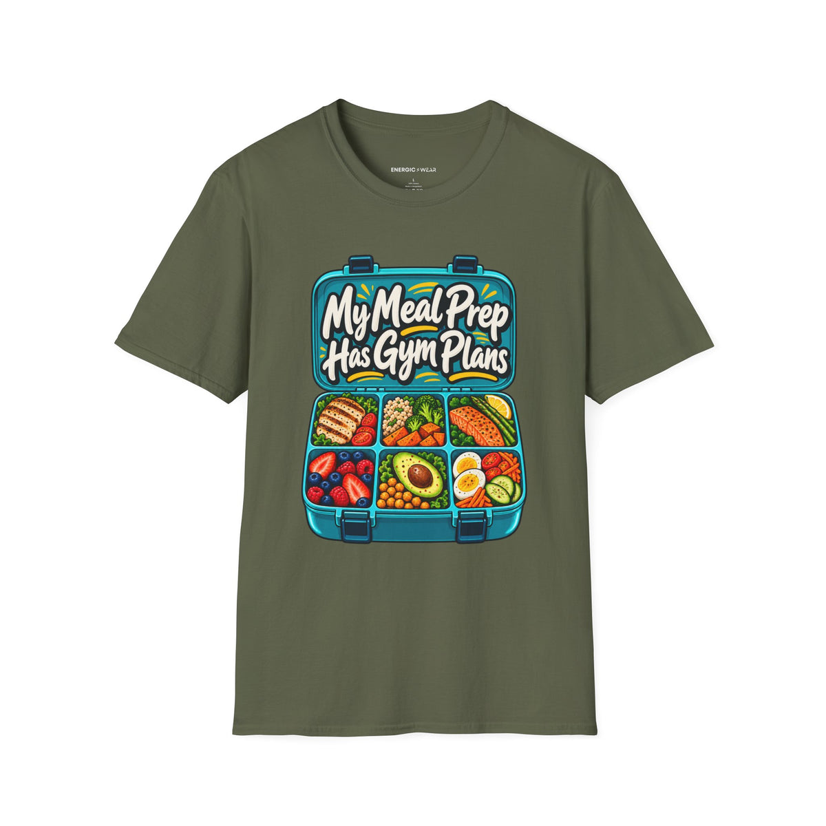 Graphic fitness T-shirt featuring the "My Meal Prep Has Gym Plans" design.