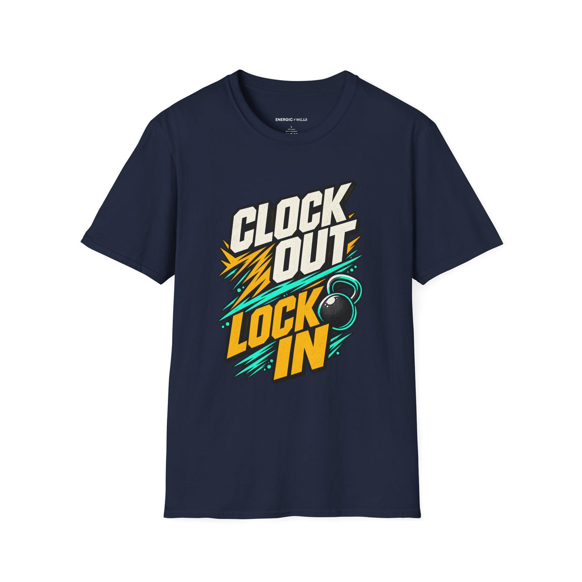 Graphic fitness T-shirt featuring the "Clock Out, Lock In" design.