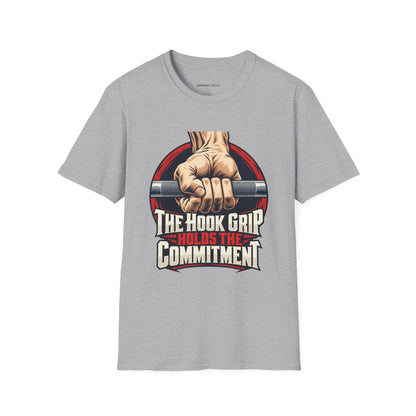 Graphic fitness T-shirt featuring the "The Hook Grip Holds the Commitment" design.