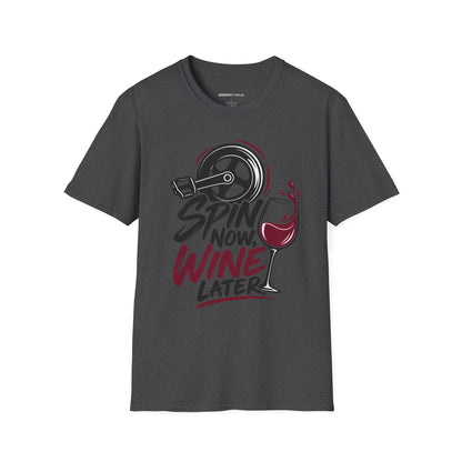 Graphic fitness T-shirt featuring the "Spin Now, Wine Later" design.