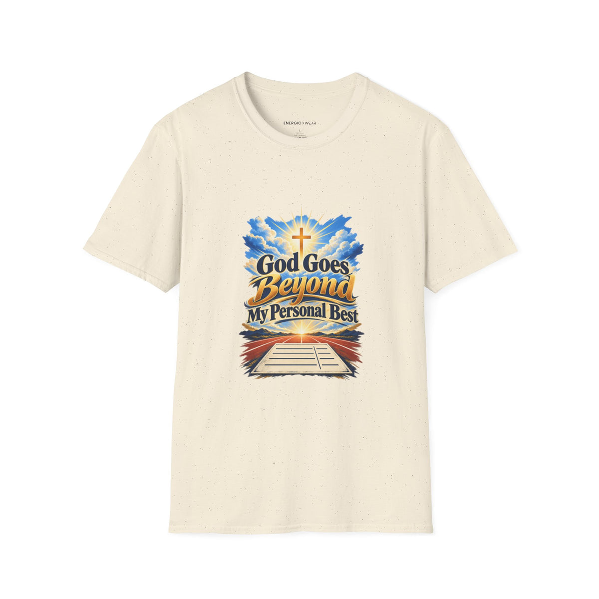 Graphic fitness T-shirt featuring the "God Goes Beyond My Personal Best" design.
