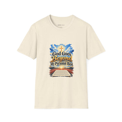 Graphic fitness T-shirt featuring the "God Goes Beyond My Personal Best" design.