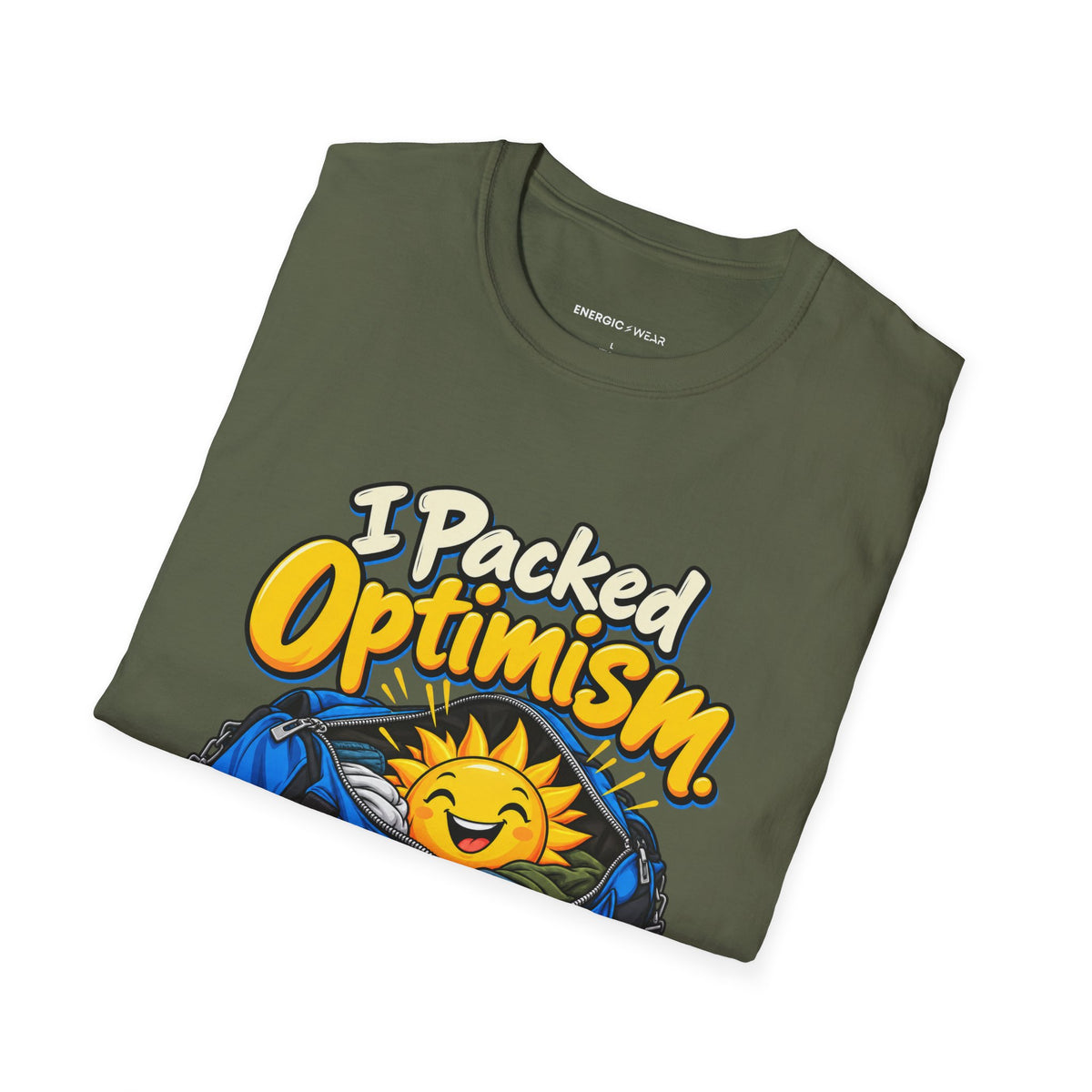 Graphic fitness T-shirt featuring the "I Packed Optimism Forgot Socks" design.