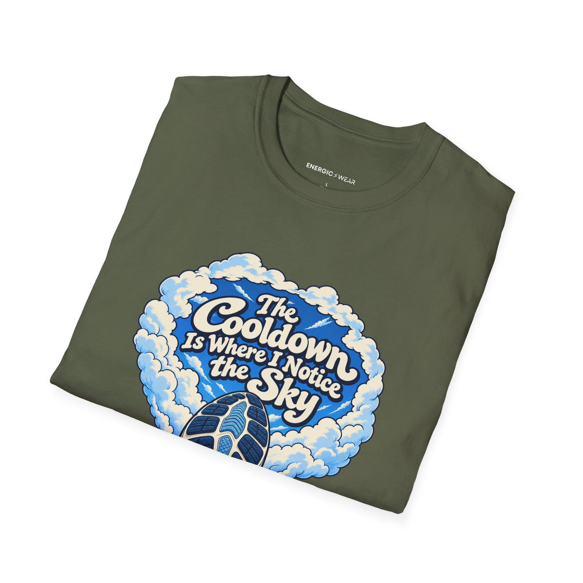 Graphic fitness T-shirt featuring the "The Cooldown Is Where I Notice the Sky" design.