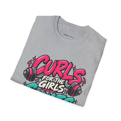 Graphic fitness T-shirt featuring the "Curls for the Girls, Squats for the Thoughts" design.