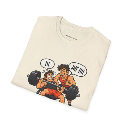 Graphic fitness T-shirt featuring the "My Gym Buddy Is a Bad Influence on My Reps" design.