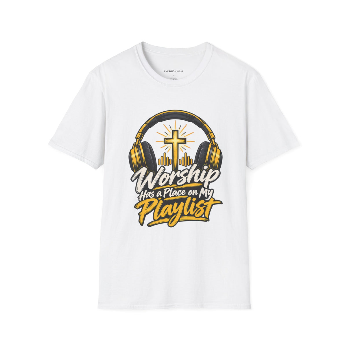 Graphic fitness T-shirt featuring the "Worship Has a Place on My Playlist" design.