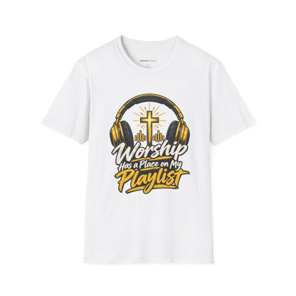 Graphic fitness T-shirt featuring the "Worship Has a Place on My Playlist" design.