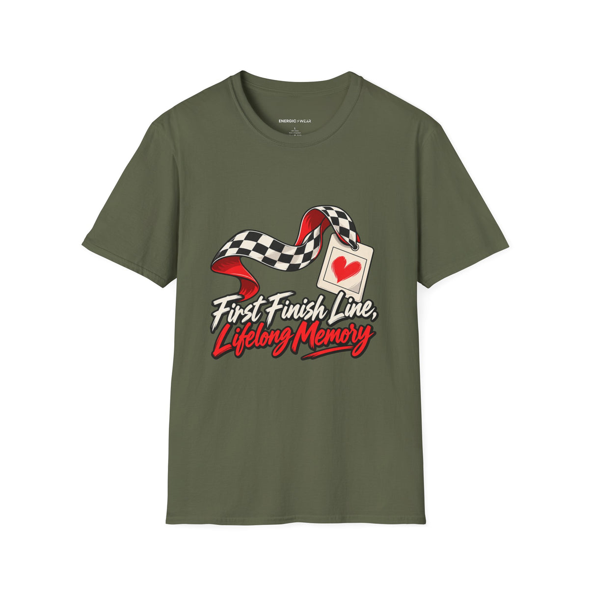 Graphic fitness T-shirt featuring the "First Finish Line Lifelong Memory" design.