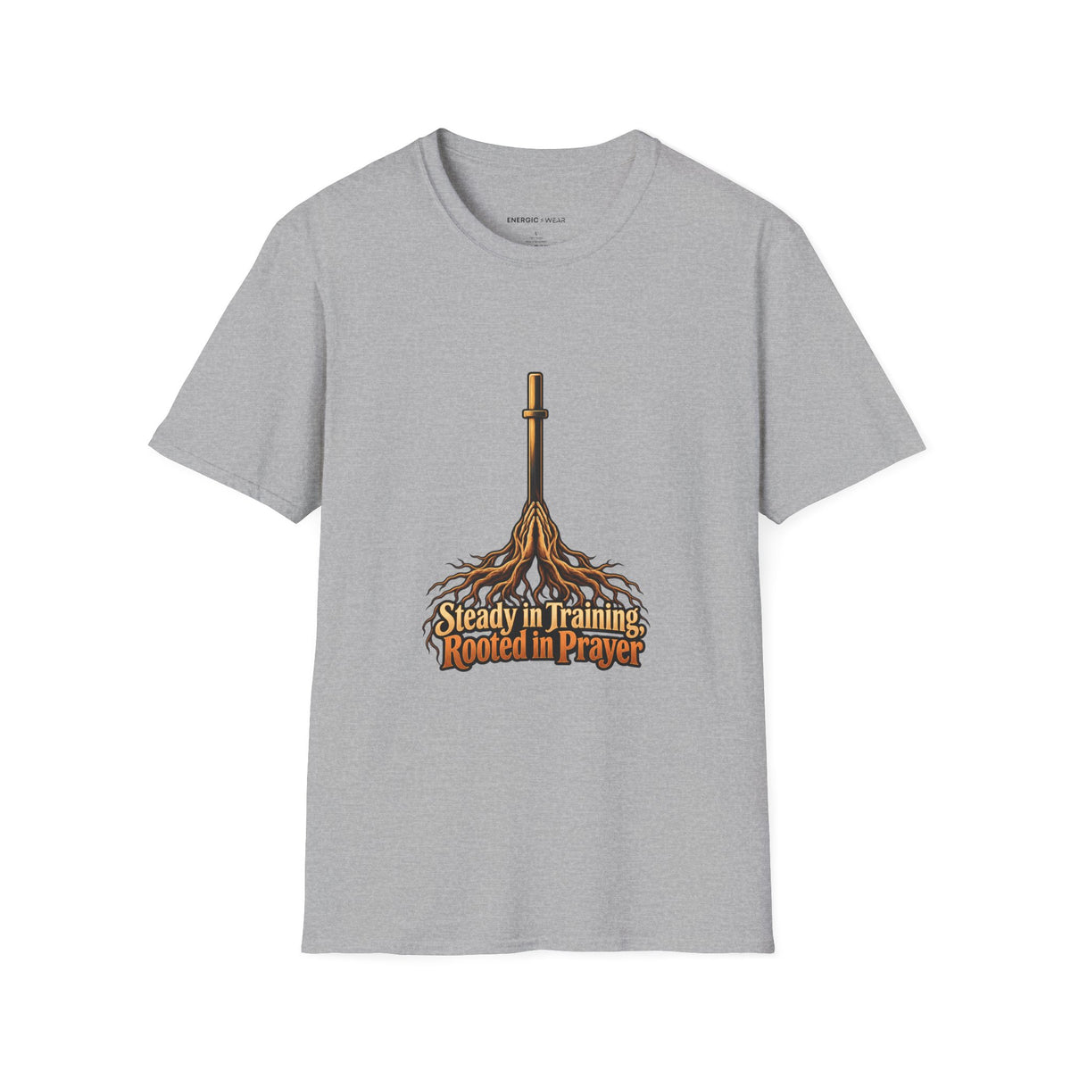 Graphic fitness T-shirt featuring the "Steady in Training, Rooted in Prayer" design.