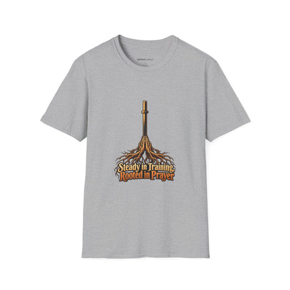 Graphic fitness T-shirt featuring the "Steady in Training, Rooted in Prayer" design.