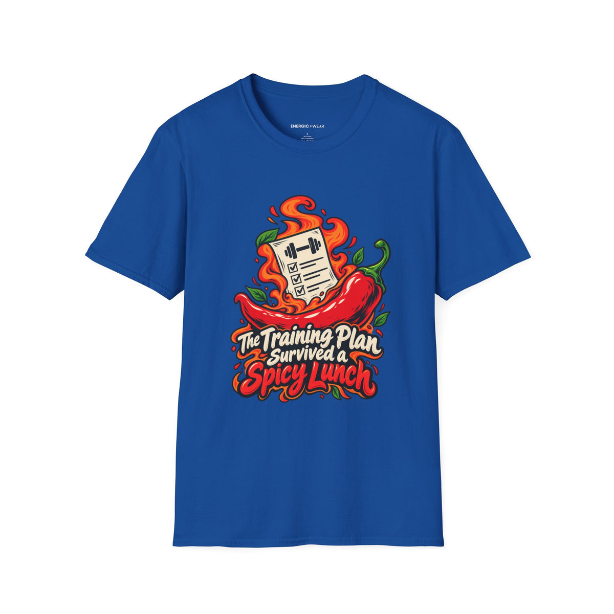Graphic fitness T-shirt featuring the "The Training Plan Survived a Spicy Lunch" design.