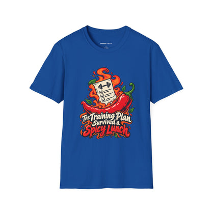 Graphic fitness T-shirt featuring the "The Training Plan Survived a Spicy Lunch" design.