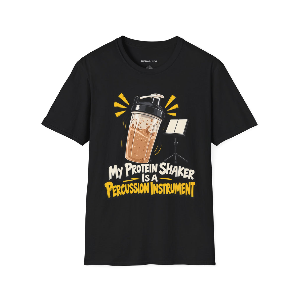 Graphic fitness T-shirt featuring the "My Protein Shaker Is a Percussion Instrument" design.