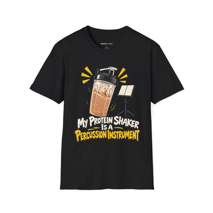 Graphic fitness T-shirt featuring the "My Protein Shaker Is a Percussion Instrument" design.