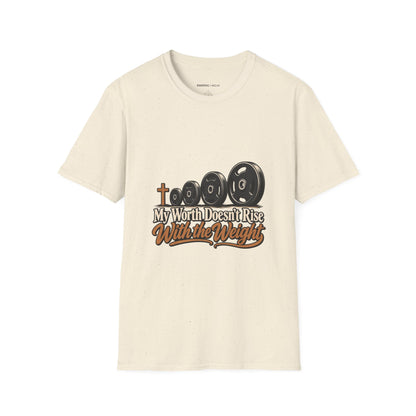 Graphic fitness T-shirt featuring the "My Worth Doesn t Rise With the Weight" design.