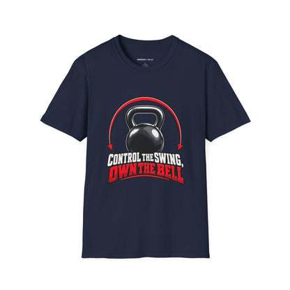 Graphic fitness T-shirt featuring the "Control the Swing Own the Bell" design.