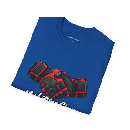 Graphic fitness T-shirt featuring the "My Lifting Gloves Have a Firm Handshake" design.